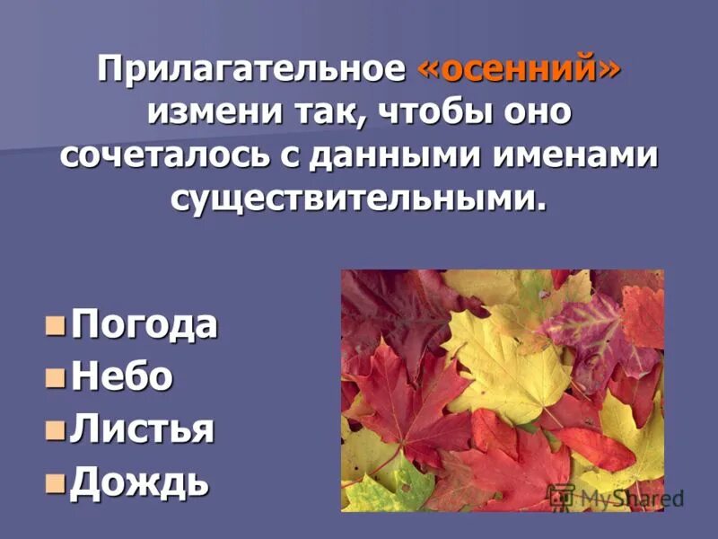 Слова обозначающие признак предмета имя прилагательное. Прилагательные про осень.