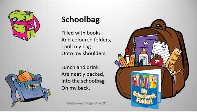 Your school big. Задания по английскому Schoolbag. School things poems for Kids. School Bag poem for Kids. School objects poems for Kids.