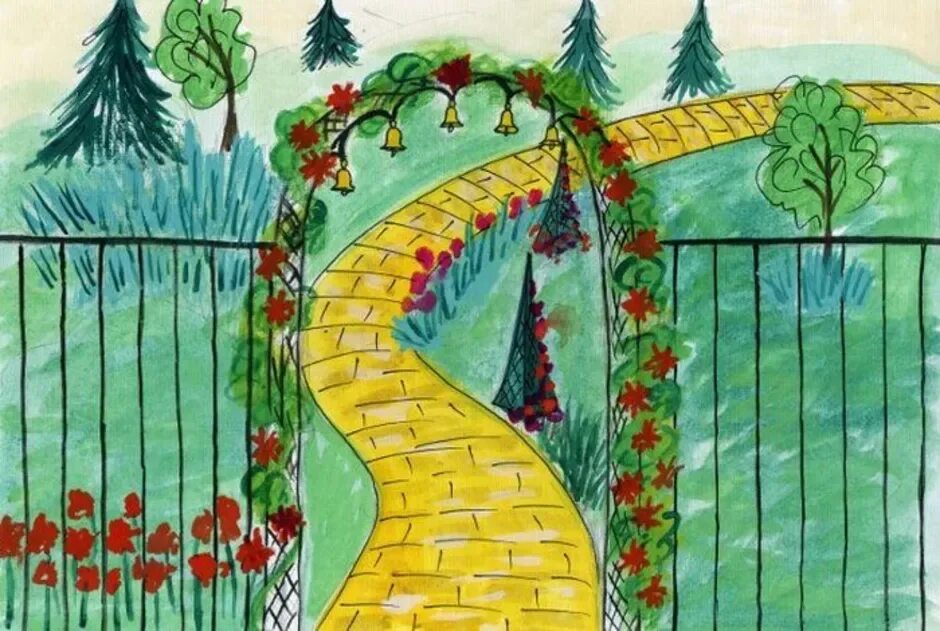Рисунки войти. Ворота в Ботанический сад рисунки детей. Ботанический сад рисунок для детей. Детские рисунки на тему ворота. Рисование в Ботаническом саду.