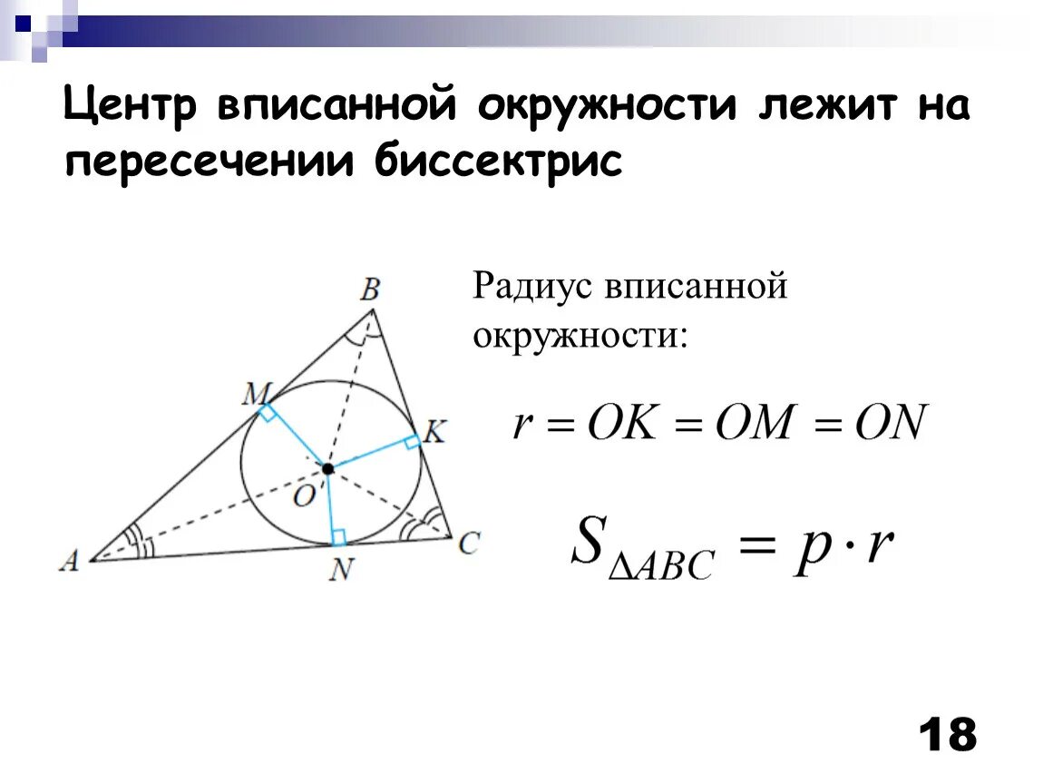 Какой треугольник называют вписанным в окружность. Центр вписанной окружности треугольника. Биссектриса и центр вписанной окружности. Биссектрисы треугольника центр вписанной окружности. Центр вписанной окружности лежит в точке пересечения.