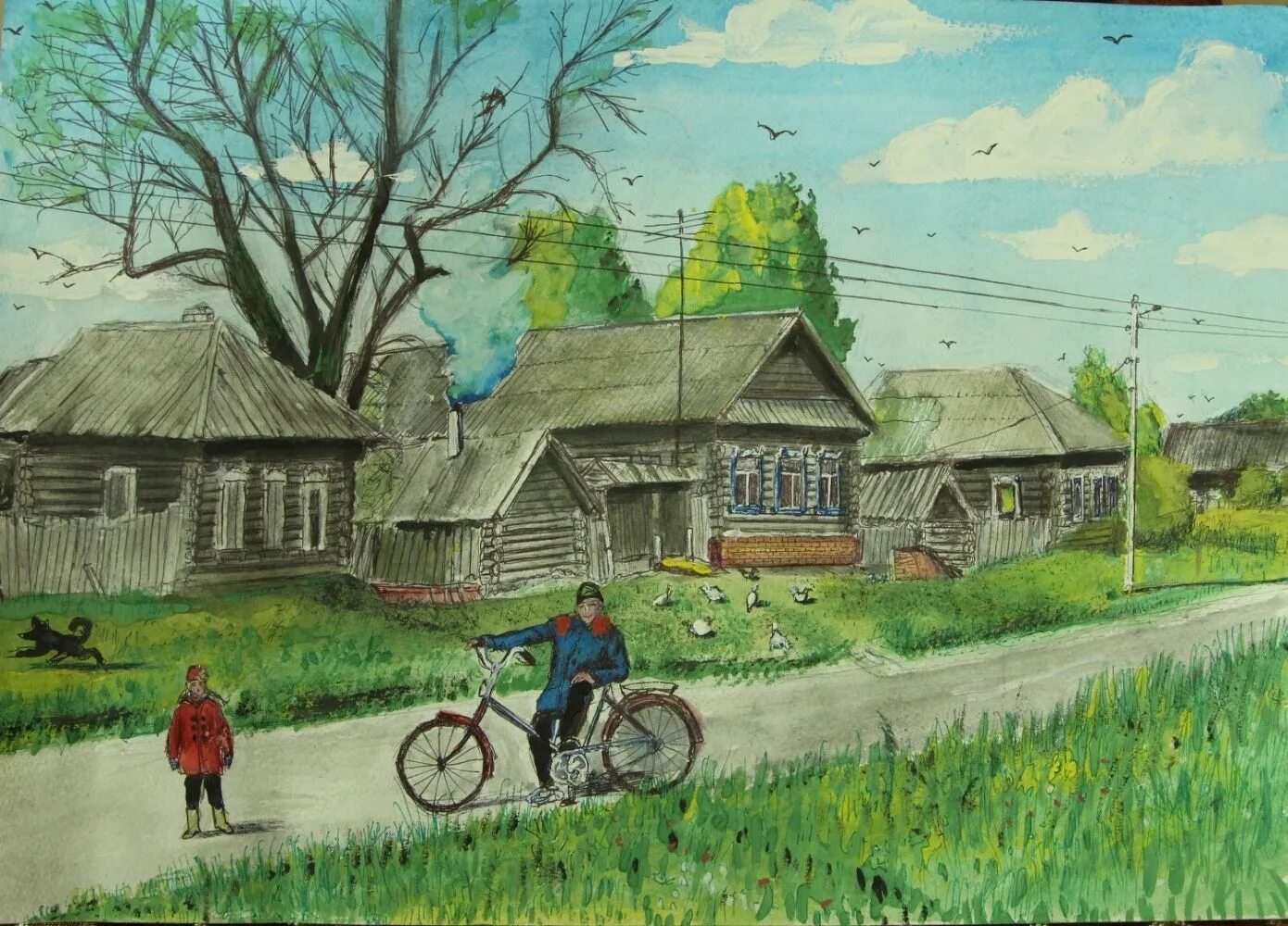 Деревня тема. Сельский пейзаж цветными карандашами. Зарисовки сельской местности. Деревня рисунок. Дети на деревенской улице картины.