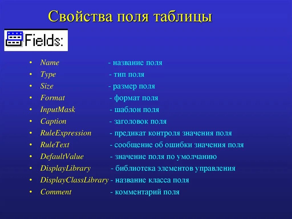 Название поля Тип. Single Тип поля. Свойства полей. Типы полей. Свойства полей имя поля Тип поля.