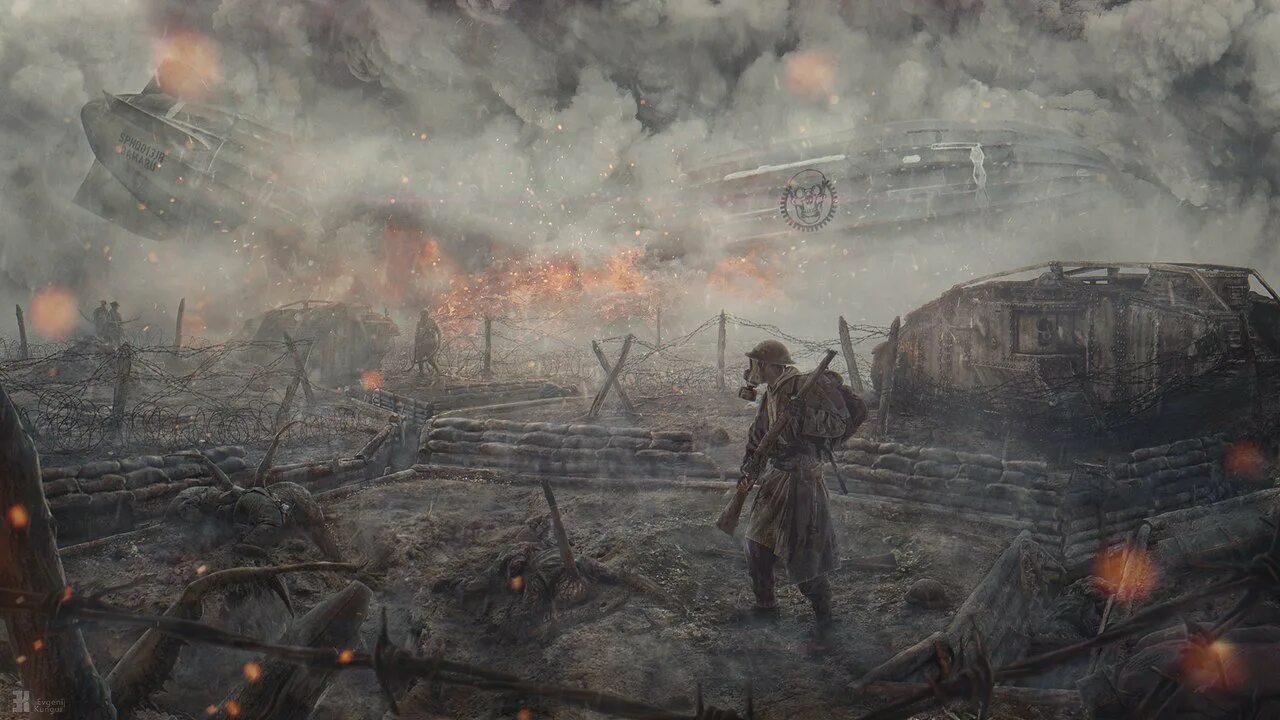 Про вов 2023. Арт ww1 бой. Дизельпанк арт война Окопная война. Поле битвы второй мировой