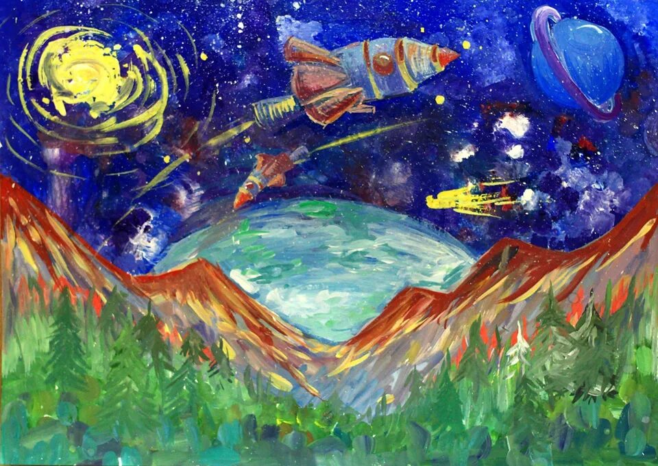 Рисунок на тему космос. Рисование космос. Космический пейзаж для детей. Рисование для детей космос. День космонавтики гуашью