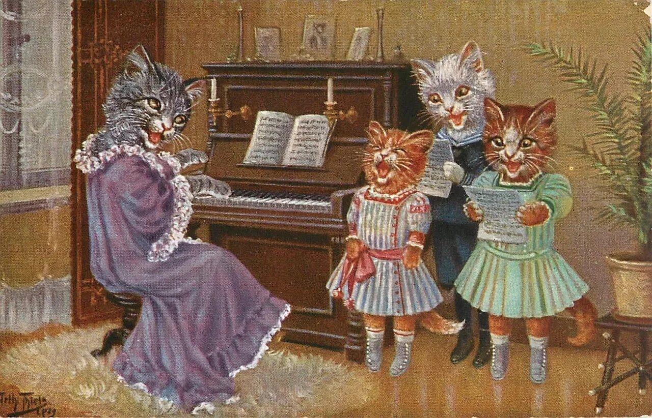Котенок поет. Старинные открытки с кошками. Открытки с изображением кошек. Винтажные открытки с кошками. Песня веселая кошка