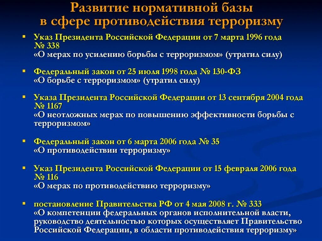 Указ 116 о мерах по противодействию. Указ президента РФ О мерах по противодействию терроризму. Развитие нормативной базы в сфере противодействия терроризму. Органы власти проводящие политику противодействия терроризму. Меры в сфере противодействия терроризму.