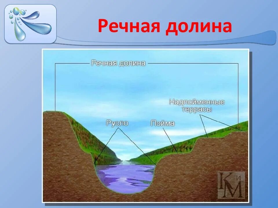 Выход воды. Поперечный профиль Долины реки. Русло Пойма Речная Долина. Русло реки Пойма Речная Долина. Речная Долина русло Пойма надпойменные.