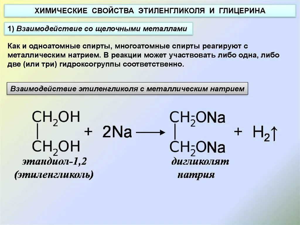 Взаимодействие предельных одноатомных спиртов с натрием. Этиленгликоль признак реакции. Этандиол химические свойства. Взаимодействие многоатомных спиртов с щелочами.
