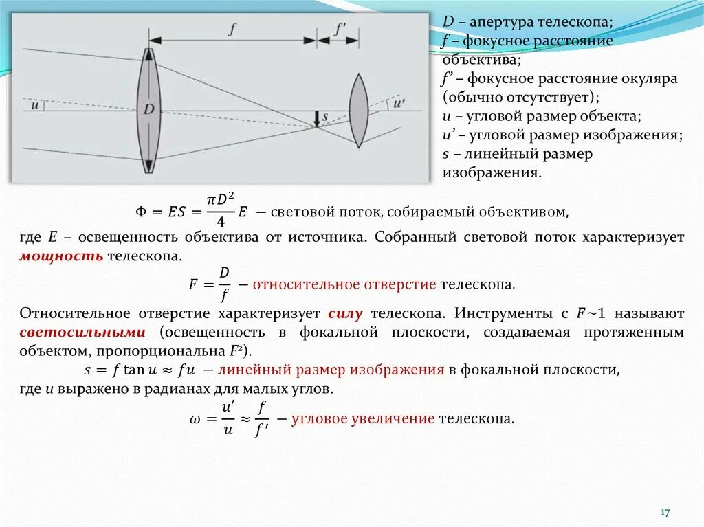 Угловое увеличение телескопа рефрактора формула. Зрительная труба с фокусным расстоянием f = 50см. Чертеж полоской линзы фоку. Световой диаметр линзы формула.