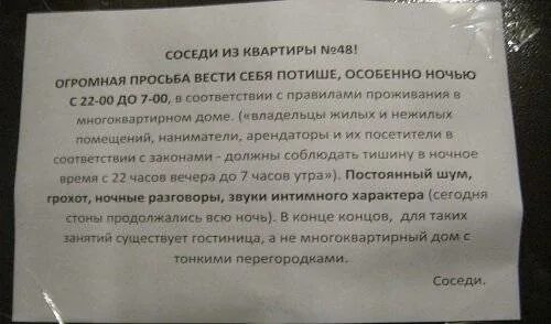 Соседи шумят в подъезде. Приспособление для шумных соседей. Предупреждение соседям о шуме. Обращение к шумным соседям. Имеет право не пускать в квартиру