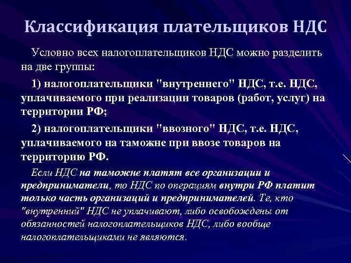 Ооо плательщики ндс. Классификация НДС. НДС классификация налога. Классификация НДС по различным признакам. НДС внутренний.