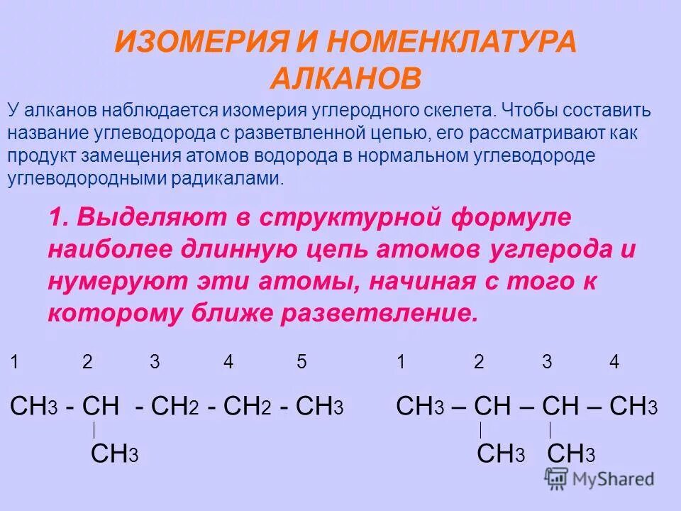 Составление структурных формул углеводородов. Формула представителя гомологического ряда алканов:. Составить название углеводородов. Алгоритм номенклатуры алкинов. Составить название углеводородов.