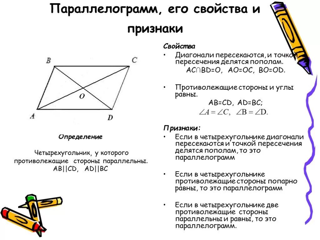 Стороны попарно равны у каких фигур. Параллелограмм. Свойства параллелограмма. Признаки параллелограмма.. Определение параллелограмма и его свойства и признаки 8 класс. Формулировка свойств и признаков параллелограмма. Параллелограмм определение свойства признаки.