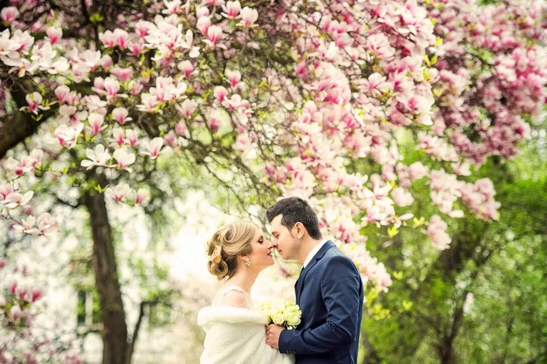 Пара яблонь. Свадебная фотосессия. Свадьба на природе. Свадебная фотосессия весной. Свадьба в цветущем яблоневом саду.