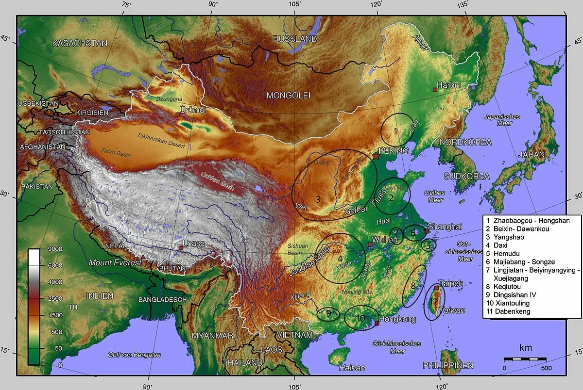 Какой климат в восточной азии. Рельеф Китая карта. Карта Китая географическая рельеф. Рельефная карта Китая. Топографическая карта Китая.