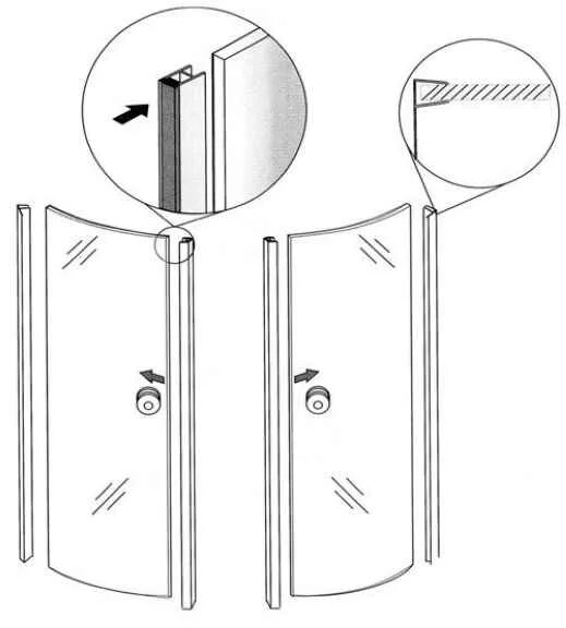 Сборка душевой двери. Закрепить уплотнитель на двери душевой кабины. Отрегулировать двери душевой кабины. Регулировка дверок душевой кабины. Схема установки душевой дверки.