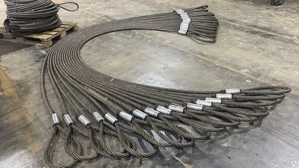 стропы изготовленные из стальных канатов. строп канатный петлевой "уск1" (скп). канатные стропы из стальных канатов. такелаж для стального каната 6 мм. 20т/1 (опрессовка) (канат 12,0).