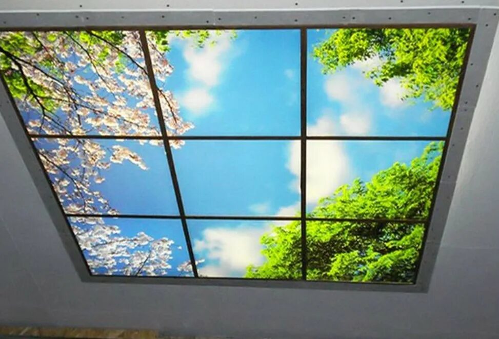 В оконной раме голубеет квадратик чистого неба. Стеклянные потолки с фотопечатью. Стеклянные потолки с печатью. Имитация окна. Фальшокно с подсветкой на потолке.