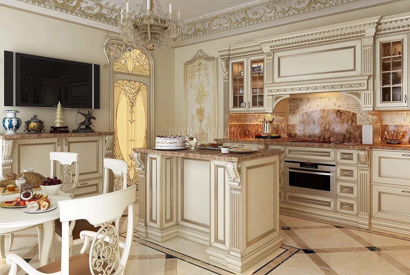 Design of a classic kitchen living room in light colors (63 Photos)