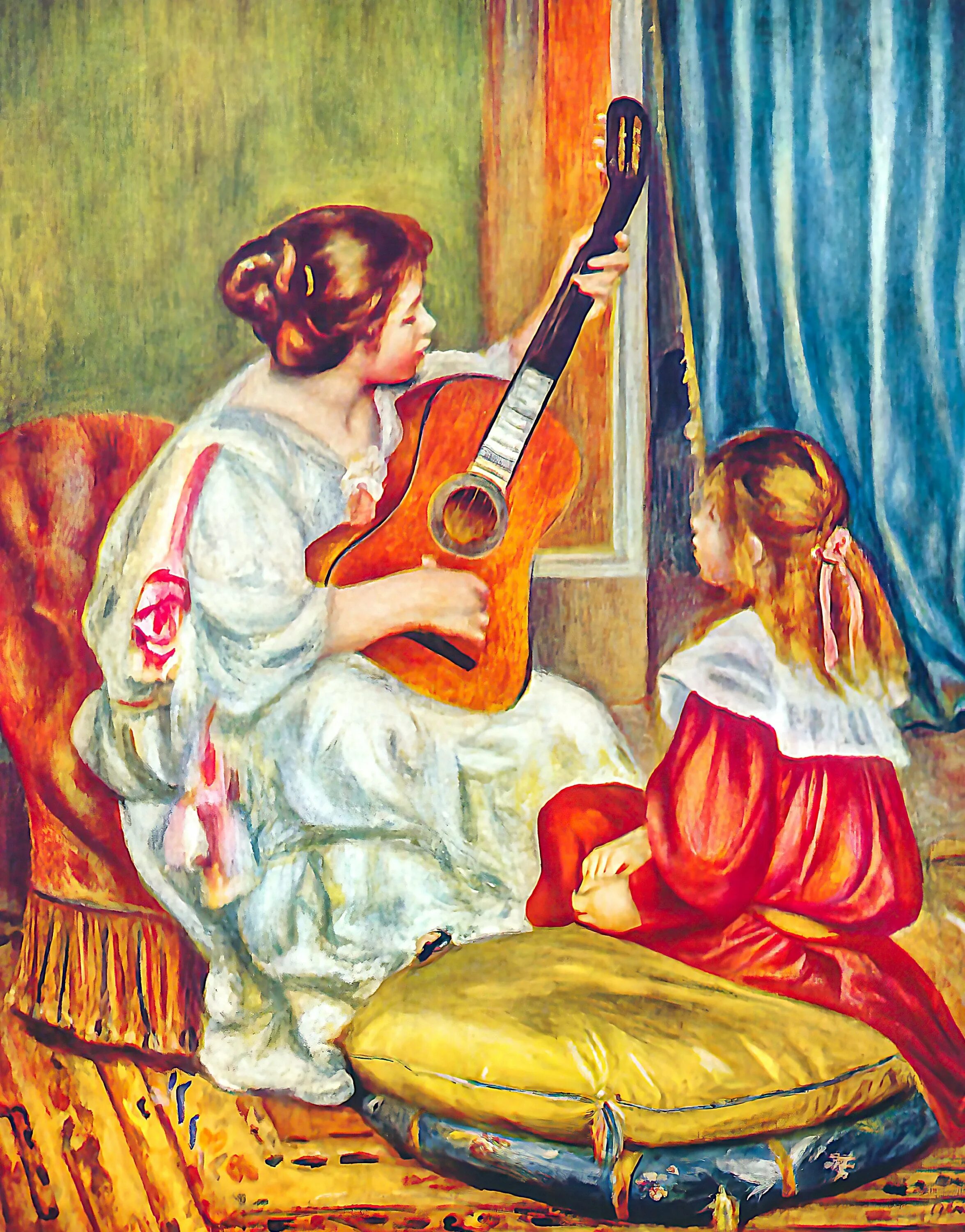Картина звучание. Пьер Огюст Ренуар с гитарой. . Огюст Ренуар женщина с гитарой. Женщина с гитарой картина Пьер Огюст Ренуар. Рениур урок игры на гитаре.