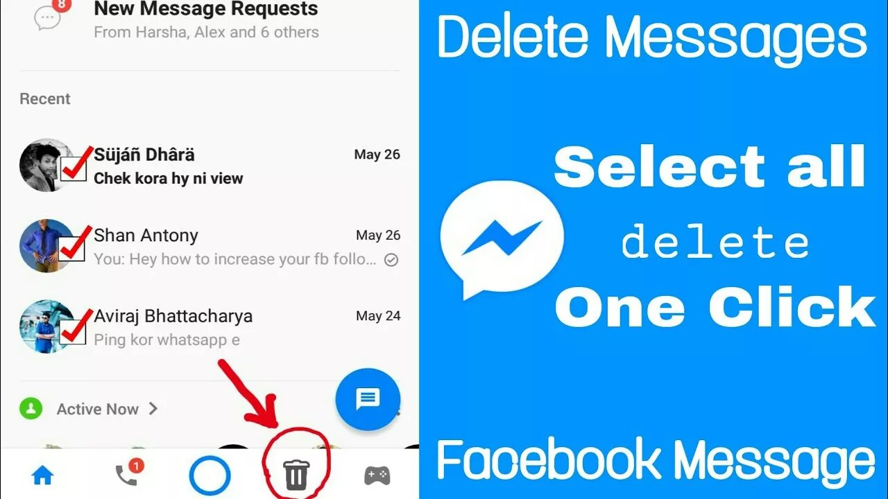 Recent message. Delete message. Delete all messages. Facebook message. Messenger message.