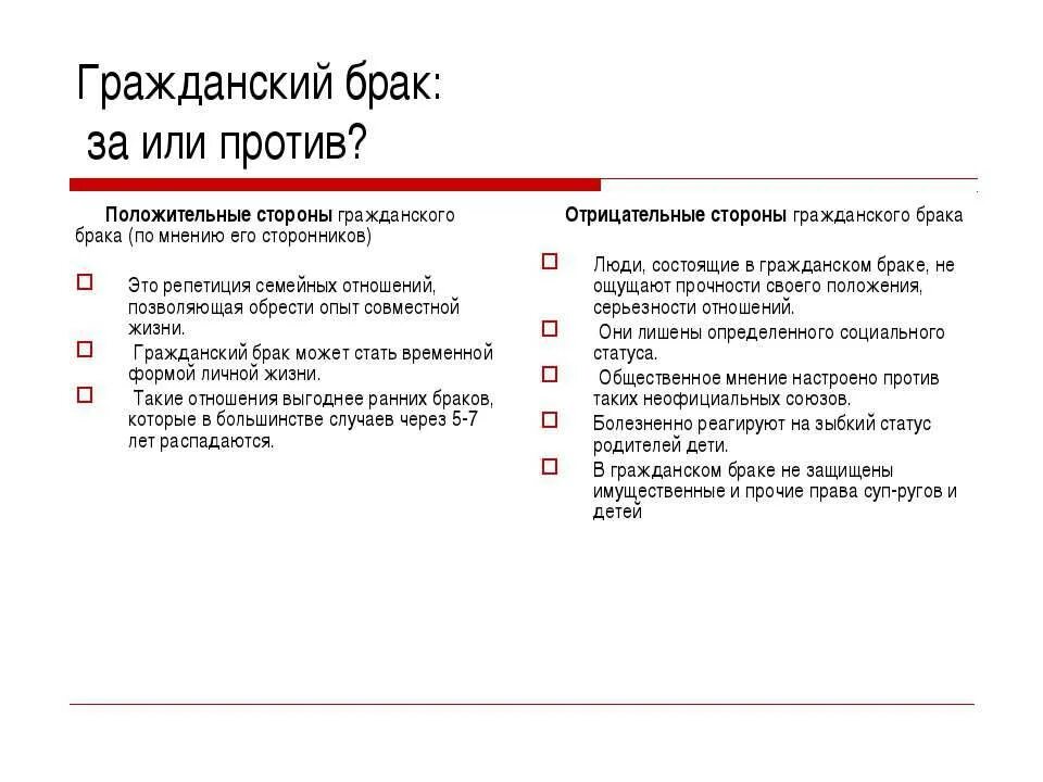 Гражданский брак статья. Положительные стороны гражданского брака. Аргументы за и против гражданского брака. Плюсы и минусы гражданского брака. Брак и неофициальные отношения плюсы и минусы.