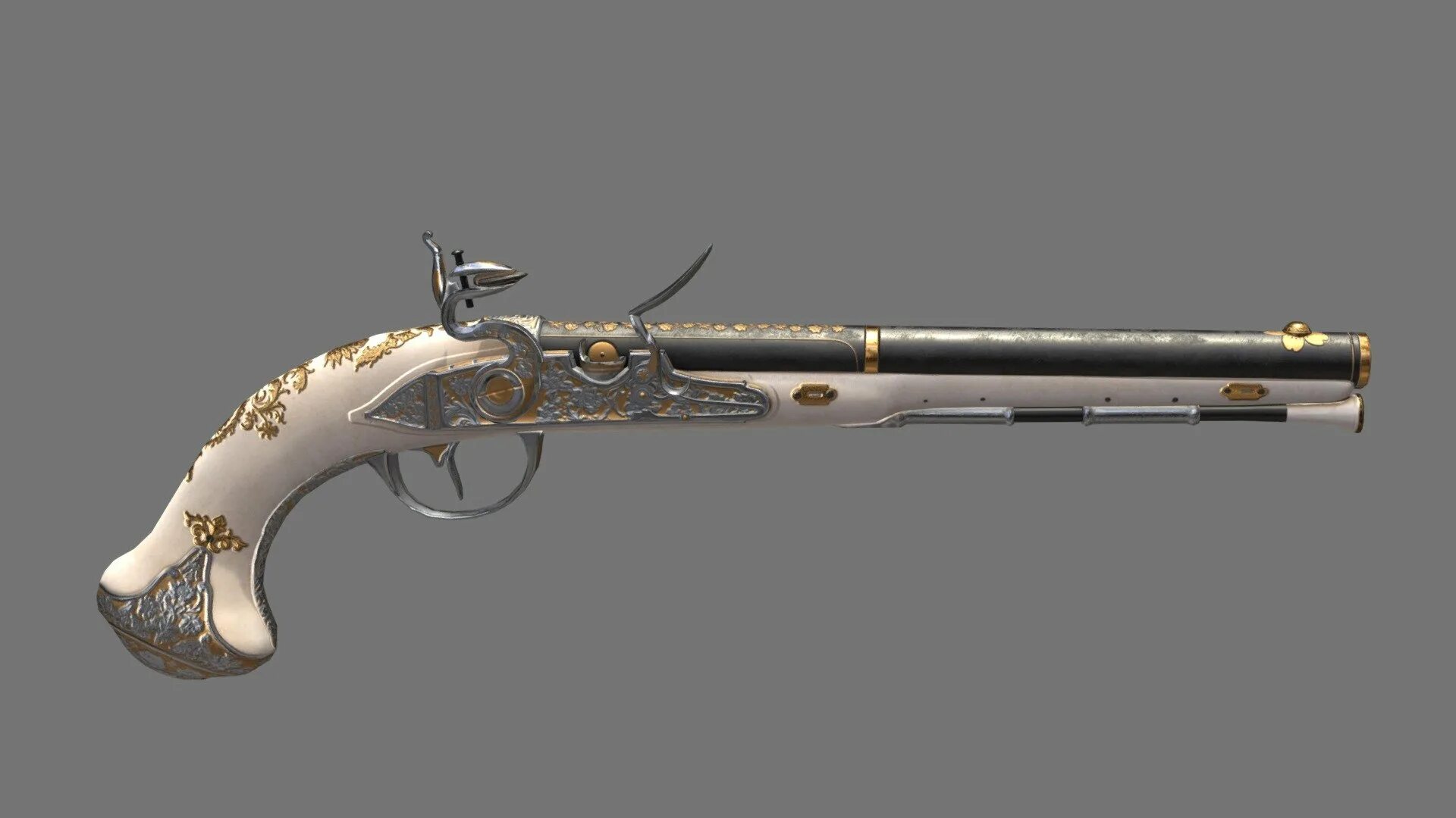 Flintlock трейнер. Flintlock pistol 3d model. pirate gun.