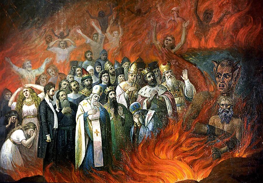 Молюсь в аду. Фреска лев толстой в аду. «лев толстой в аду». 1883 г. икона лев толстой в аду. стенная роспись толстой в аду.