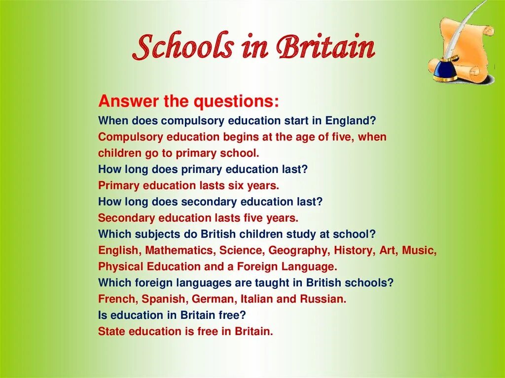 16 answer the questions. School Life in Britain презентация. Schools in England текст. Вопросы по теме School. Nursery Schools in Britain презентация.