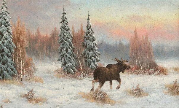 Картина лось в лесу. Пейзаж с лосем. лось зимой живопись.