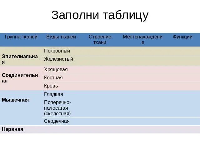 Заполните таблицу ткани животных. Заполните таблицу ткани животных