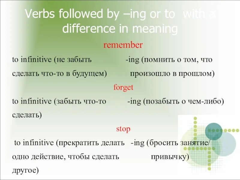 Ing to Infinitive. Forget to ing. Verb Infinitive or ing form.