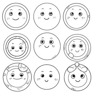 Siedem Kreskówek Twarze Kolorowanki Zarys Szkicu Strony Wektor, Rysunek Przycisk