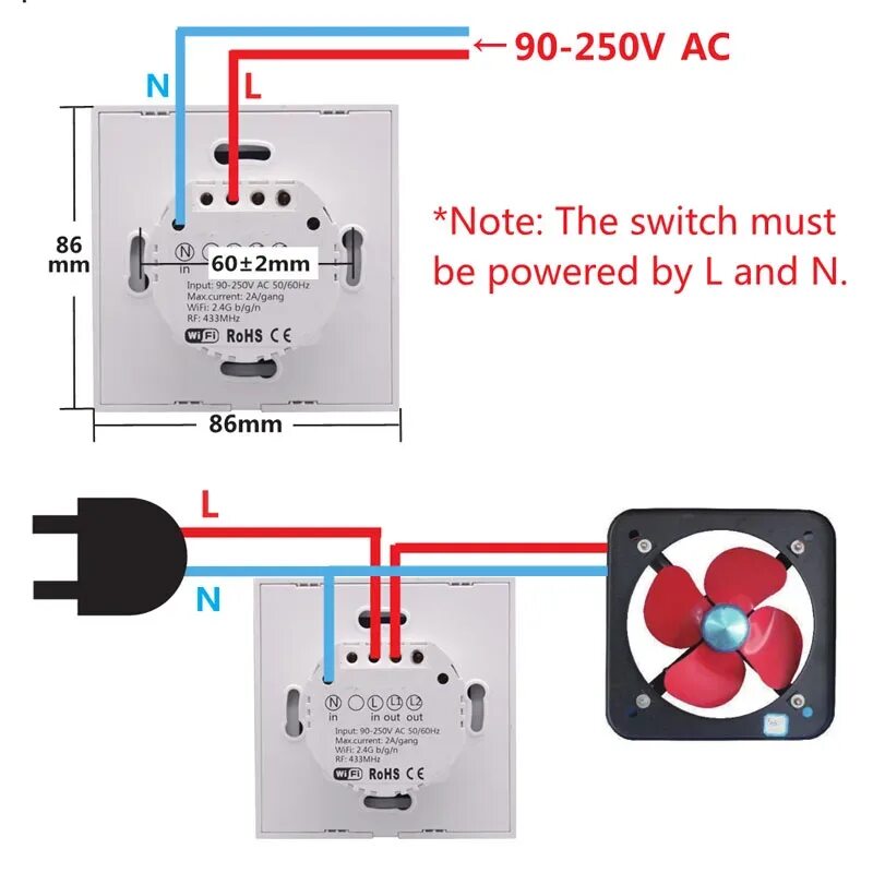 Sonoff T1 EU UK Smart Wifi Wall Touch Light Switch 1/2 Gang Touch/WiFi/433 RF/AP