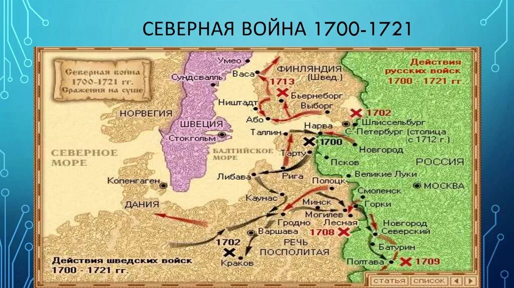 Карта Северной войны 1700-1721.