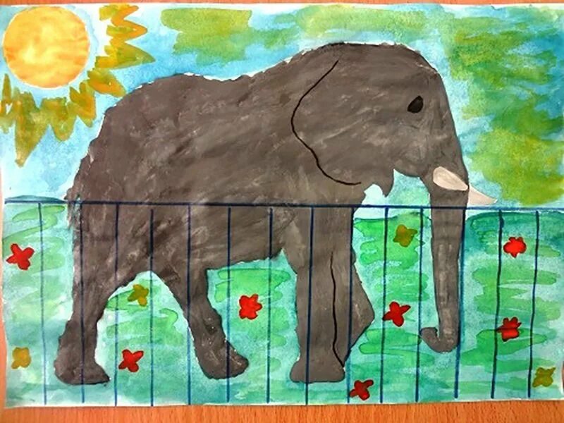 Произведение зоопарк. Рисование на тему зоопарк. Детские рисунки животных. Рисунок на тему зоопарк. Слон красками для детей.
