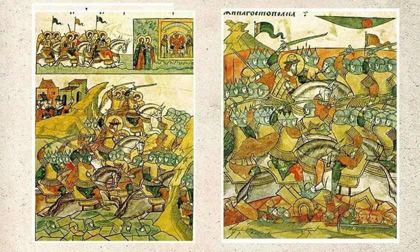 Лицевой свод александр невский. Житие александра невского ледовое побоище. Миниатюра лицевого летописного свода xvi века. О взорвании подкопа и се прииде время солнце год события. Лицевой летописный свод новгород.