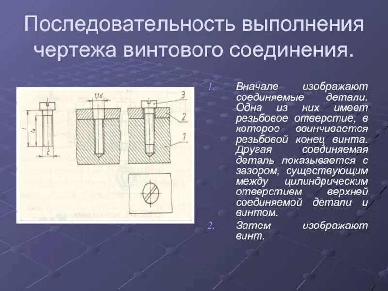 Последовательность выполнения соединений. Последовательность выполнения винтового соединения чертеж. Порядок черчения винтового соединения. Выполнение чертежа винта. Последовательность выполнения чертежа детали.