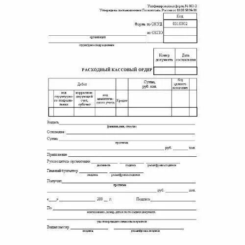 РКО унифицированная форма ко-2. Расходный кассовый ордер 0310002. Кассовый ордер 2. Расходный кассовый чек.