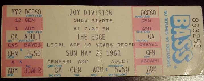 Floret joy ticket. Joy division ticket. seang toronto 1980.