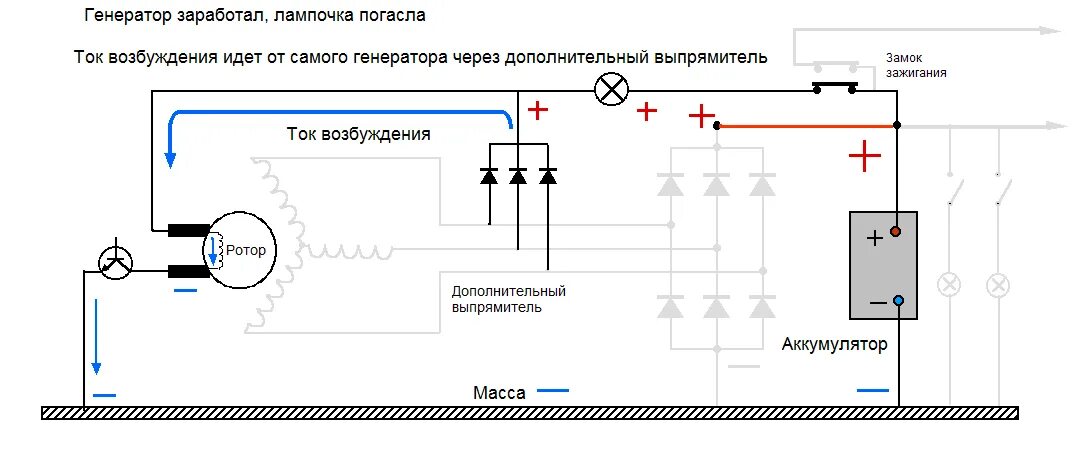 Подключение лампочки генератора. Возбуждение генератора через лампочку схема подключения. схема подключения контрольной лампочки генератора.