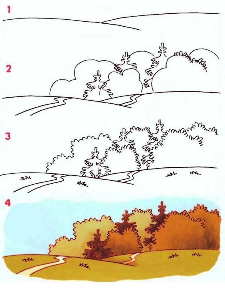 Поэтапное рисование пейзажа для детей. Этапы рисования осеннего пейзажа. Этапы рисования пейзажа для детей. Поэтапное рисование осеннего пейзажа. Нарисуй схема природа