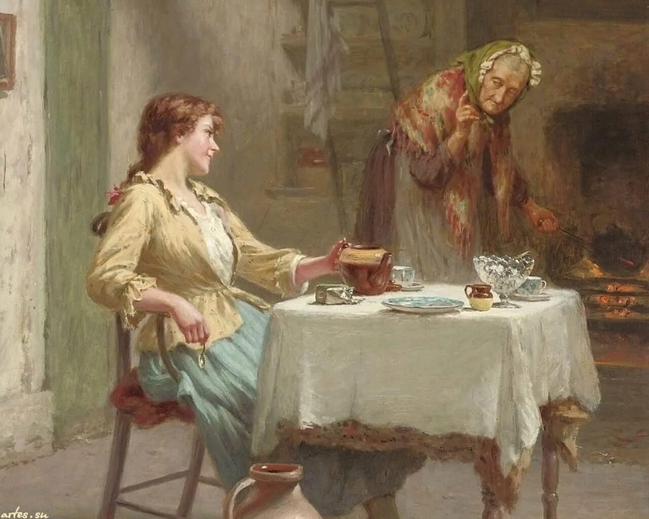 Разговор старой. Амалия Линдегрен (1814 — 1891) картины. Разговор живопись. Беседа за столом живопись. Чаепитие беседа.