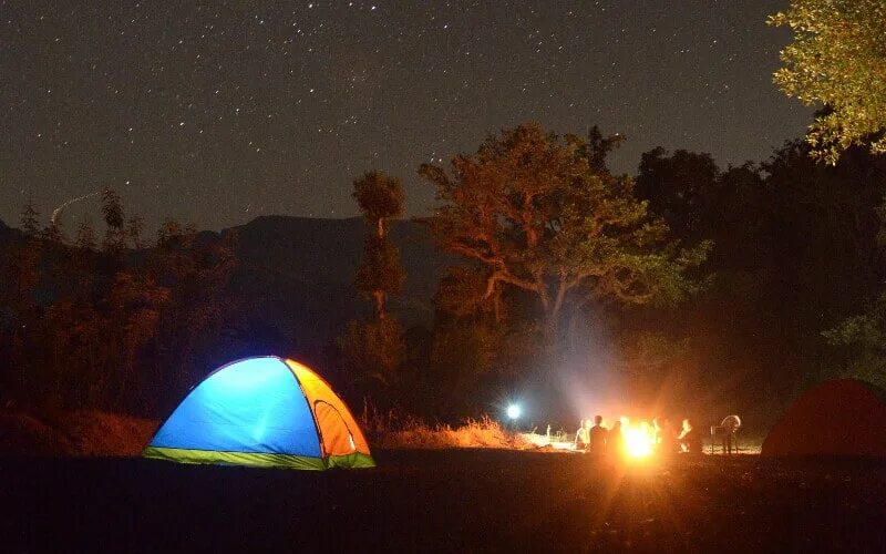 Кемпинг. Camping Light Pole. Tent String Light. Pitch a Tent on a Summer Night. Camping lighting