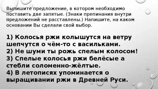 Напишите на каком основании вы сделали свой выбор. Выпишите предложение в котором нужно поставить две запятые. Выпишите предложение в котором нужно поставить 2 запятые. Выпиши предложение в котором необходимо поставить две запятые.