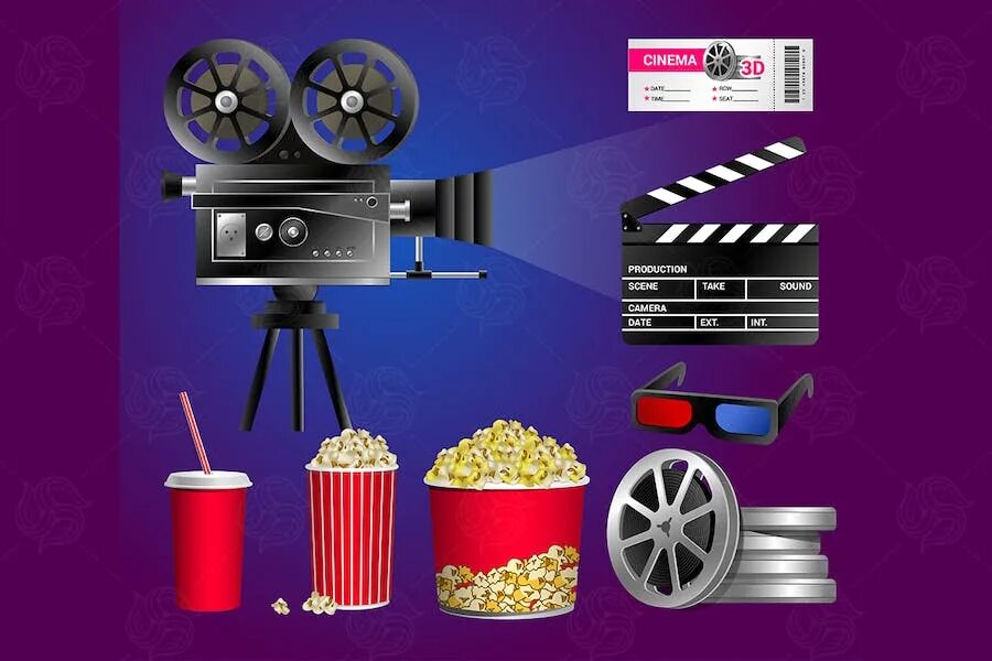 Комплект объектов кино. Кинематография попкорн. Object cinema. Object cinema. Композиция на тему кинематограф.