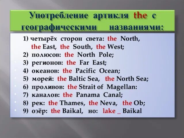 Употребление артиклей географические. Определенный артикль. Употребление артикля the с названиями. Английский язык. Артикли. Английский язык в озерах