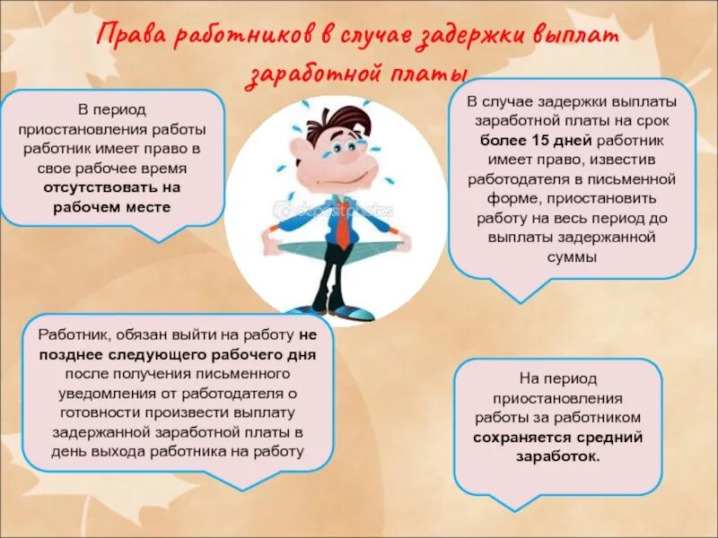 Чем грозит задержка зарплаты. Действия работника при задержке заработной платы. Задержка выдачи заработной платы. Работник имеет право на. Право работников на приостановку работы в случае задержки ЗП.