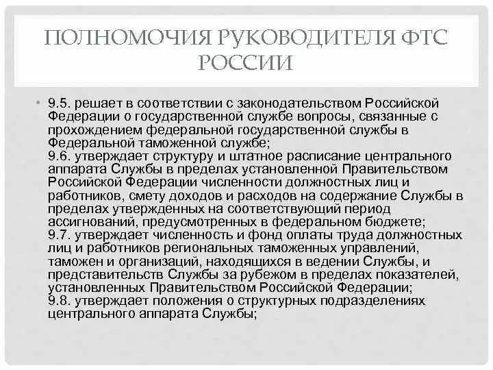 Служба рф кратко. Руководитель ФТС России полномочия. Полномочия Федеральной таможенной службы РФ. Компетенция Федеральной таможенной службы. Полномочия Федеральной таможенной службы РФ кратко.