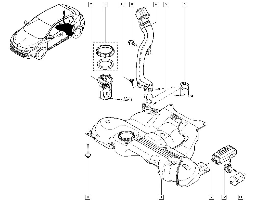 Топливный бак рено меган. Топливная система Рено Сценик 2. Топливная система Renault Megane 2. Топливная система Рено Меган 2 бензин. Топливная система Рено Меган 3 1.6 бензин.